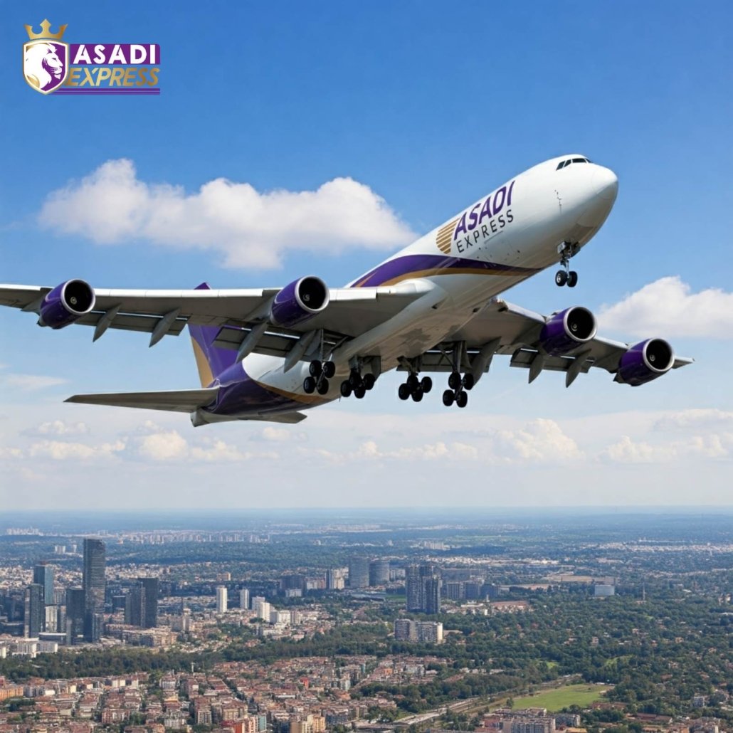 A large air-cargo plane with the "ASADI EXPRESS" logo is soaring over a cityscape, weaving through dense buildings and lush greenery below.