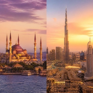 Istanbul and Dubai skylines – cargo from Turkey to Iran, Oman and the UAE